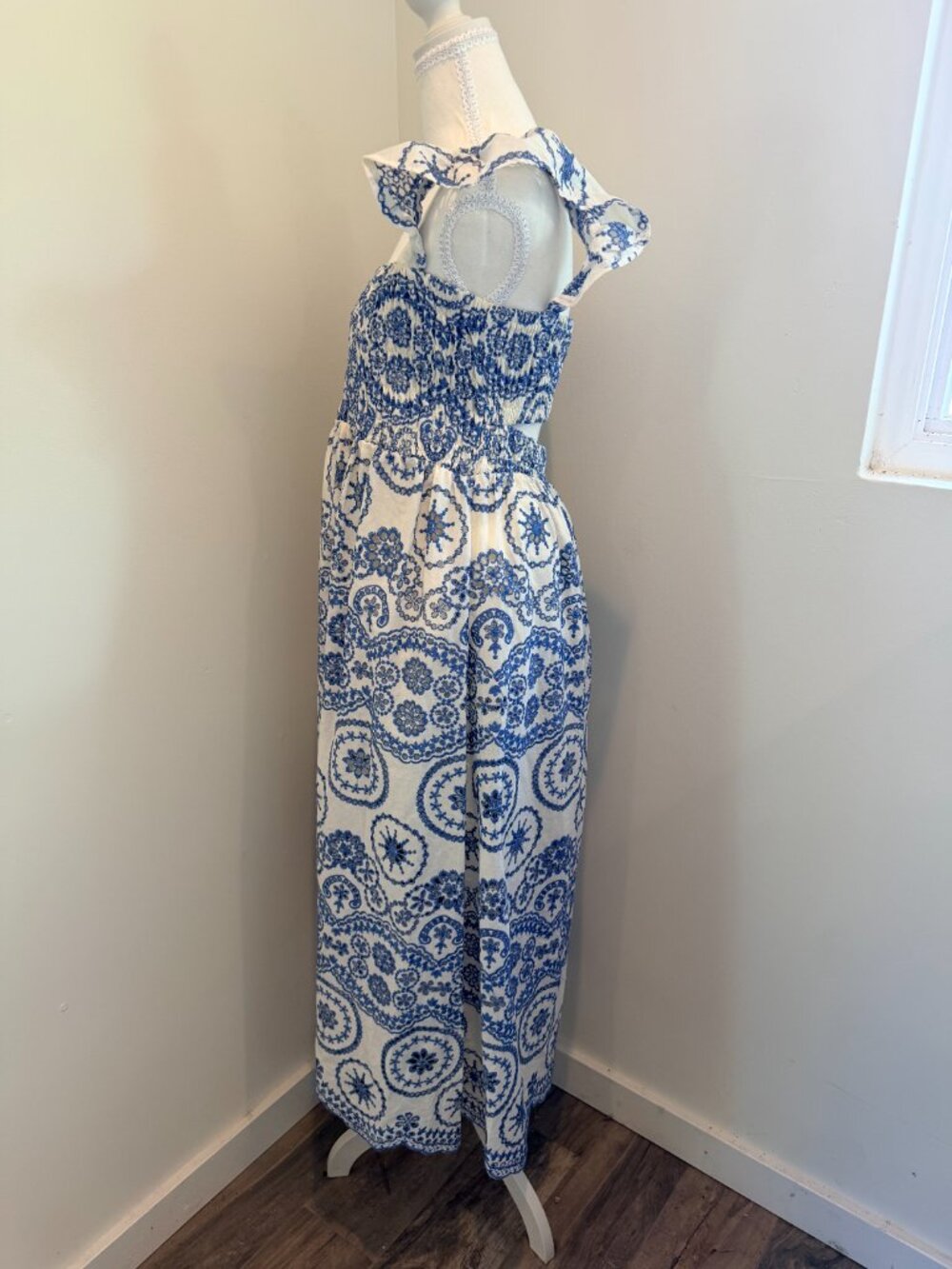Sundayup Boho Embroidered Blue and White Maxi Dress Size L - Picture 5 of 9